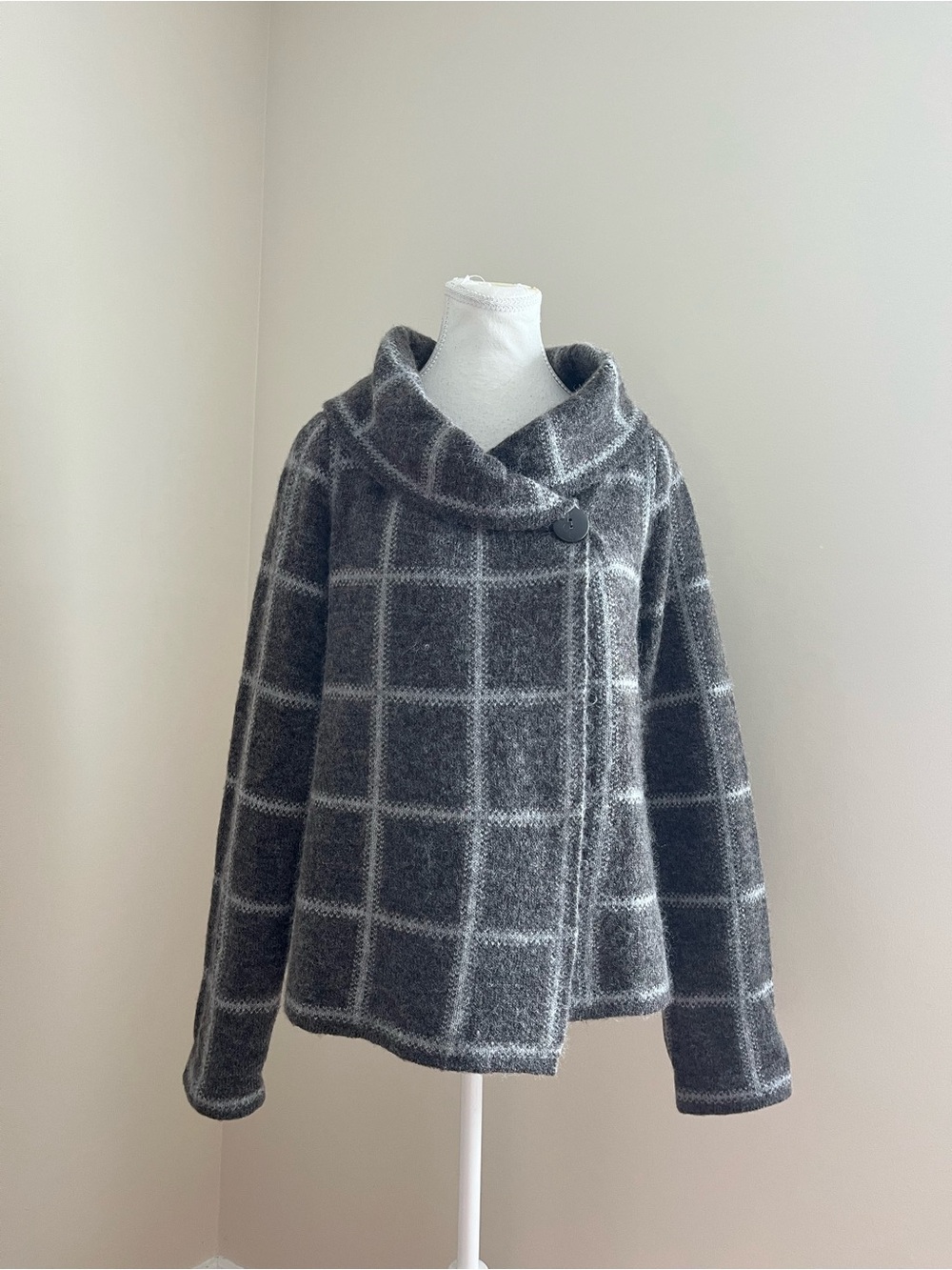 Ellen Tracy Gray Windowpane Shawl-Collar Peacoat